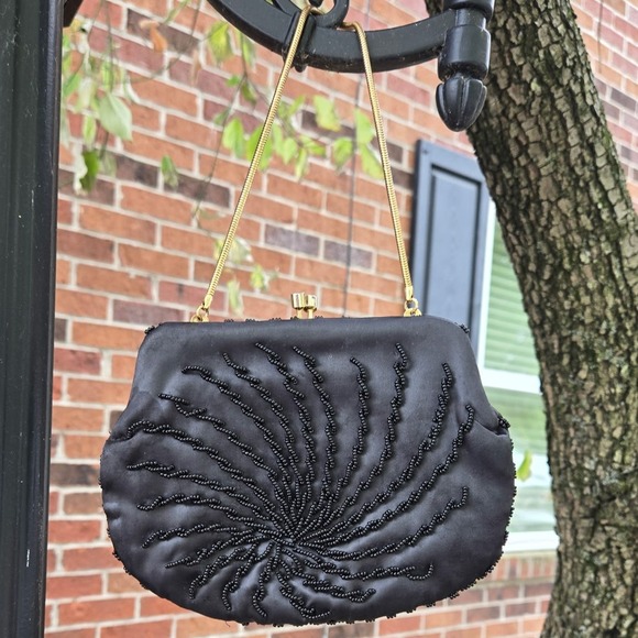 Vintage Black Beaded Evening Bag Gold Chain Strap Clutch Purse Handbag - Picture 1 of 6